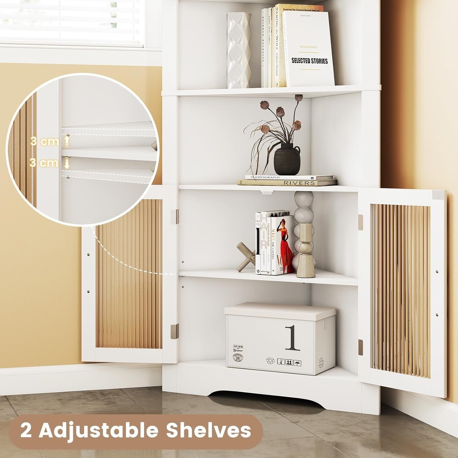 171cm White Corner Cabinet with 4 Glass Doors & Adjustable Shelves