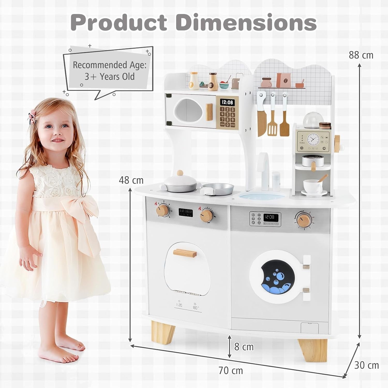 Kids Wooden Play Kitchen w/ Coffee Maker Microwave White Toy