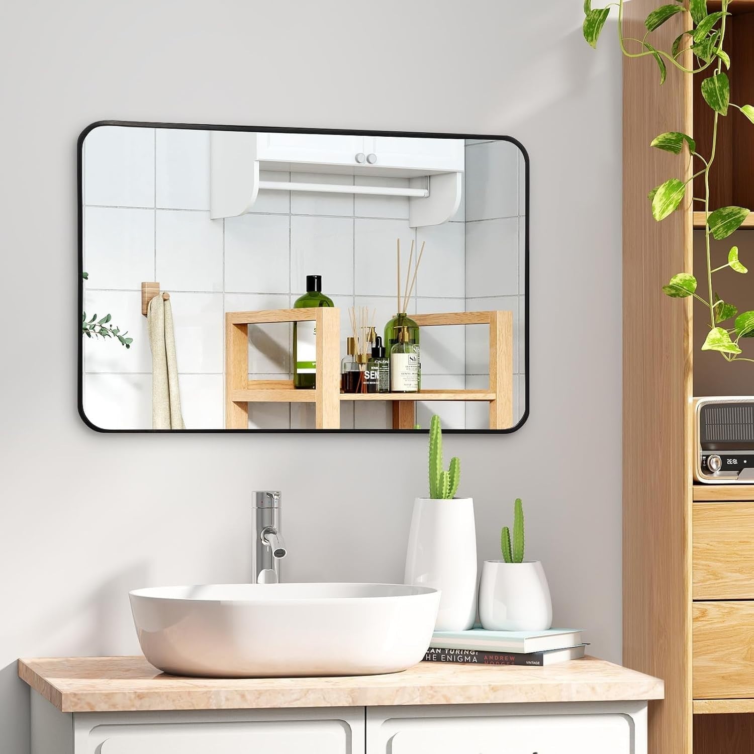 Wall Mounted Rectangle Mirror 100x70cm Black Frame Bathroom Living Room