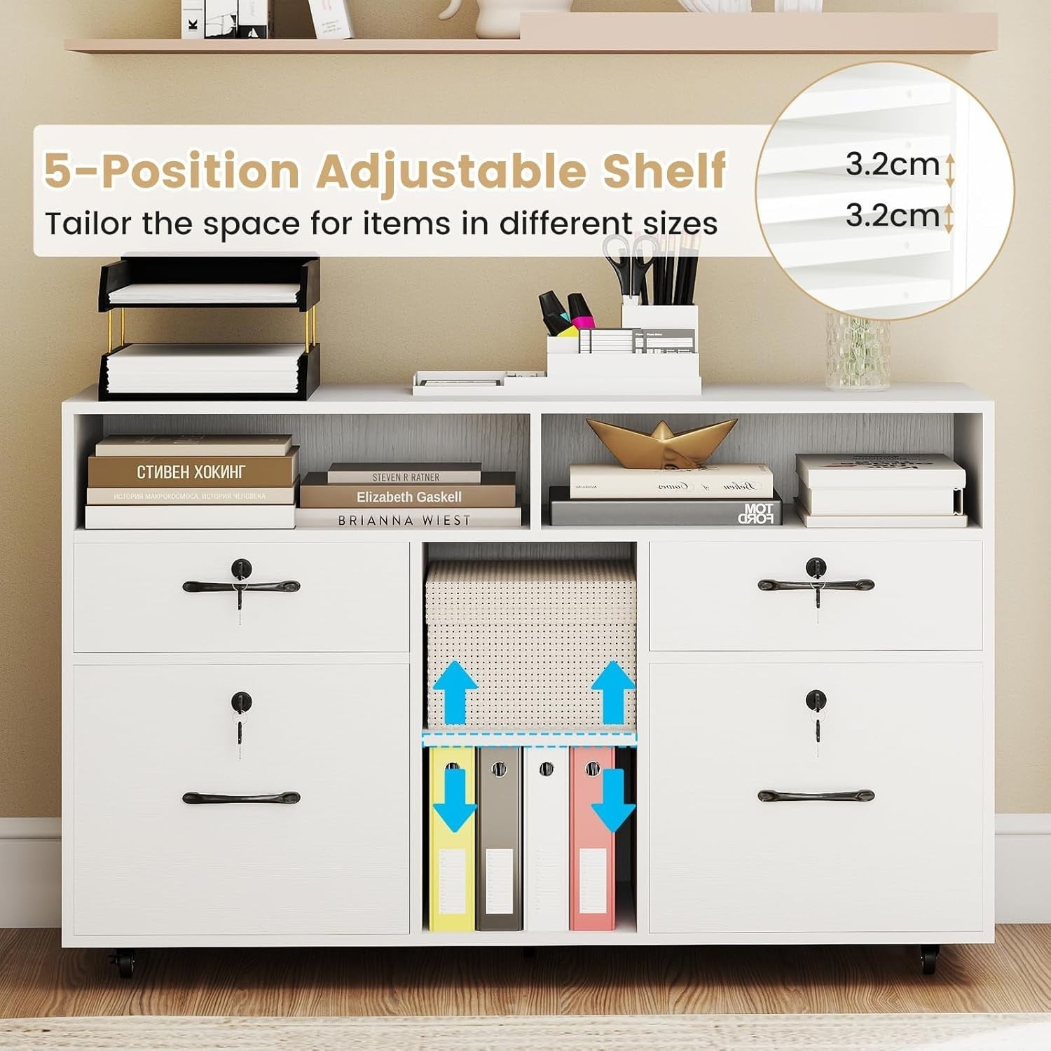 Wide Mobile File Cabinet 4 Drawer Lockable Lateral Printer Stand