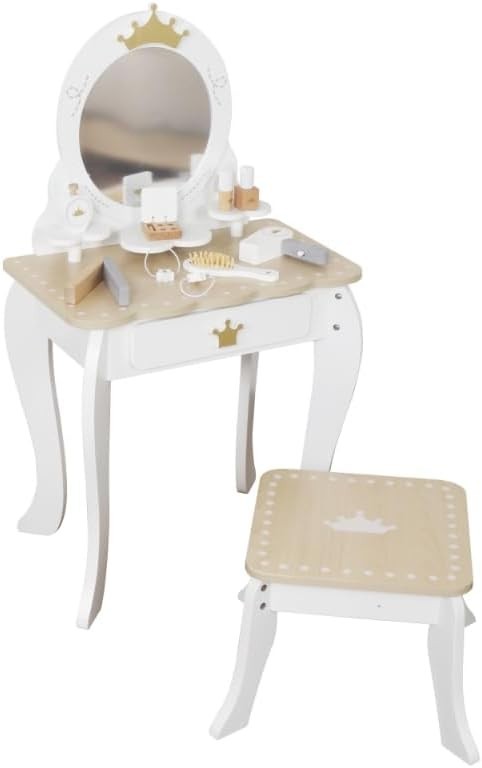 Kids Wooden Dressing Table & Stool Set 8pc Pretend Play Vanity Mirror Oak