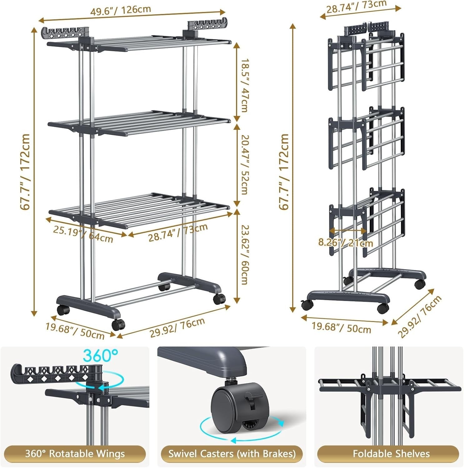 Extra Large 4-Tier Foldable Clothes Airer with Wheels – Grey