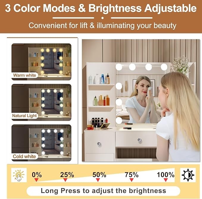 White Vanity Set Dressing Table Mirror LED Light 3 Drawers Storage Desk 140H