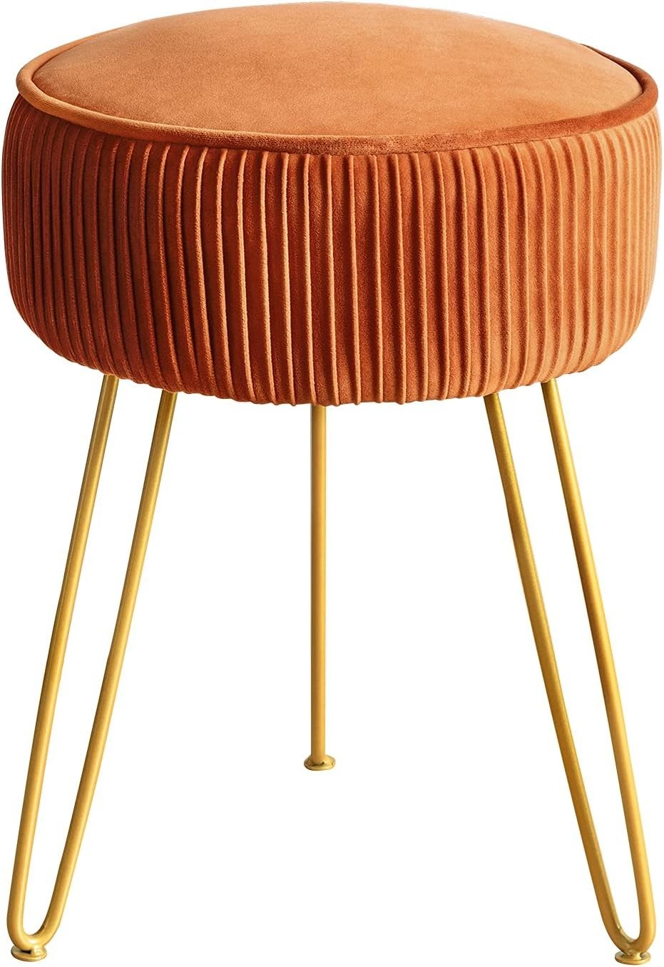 Pumpkin Brown Pleated Velvet Vanity Stool Round Ottoman with Gold Legs