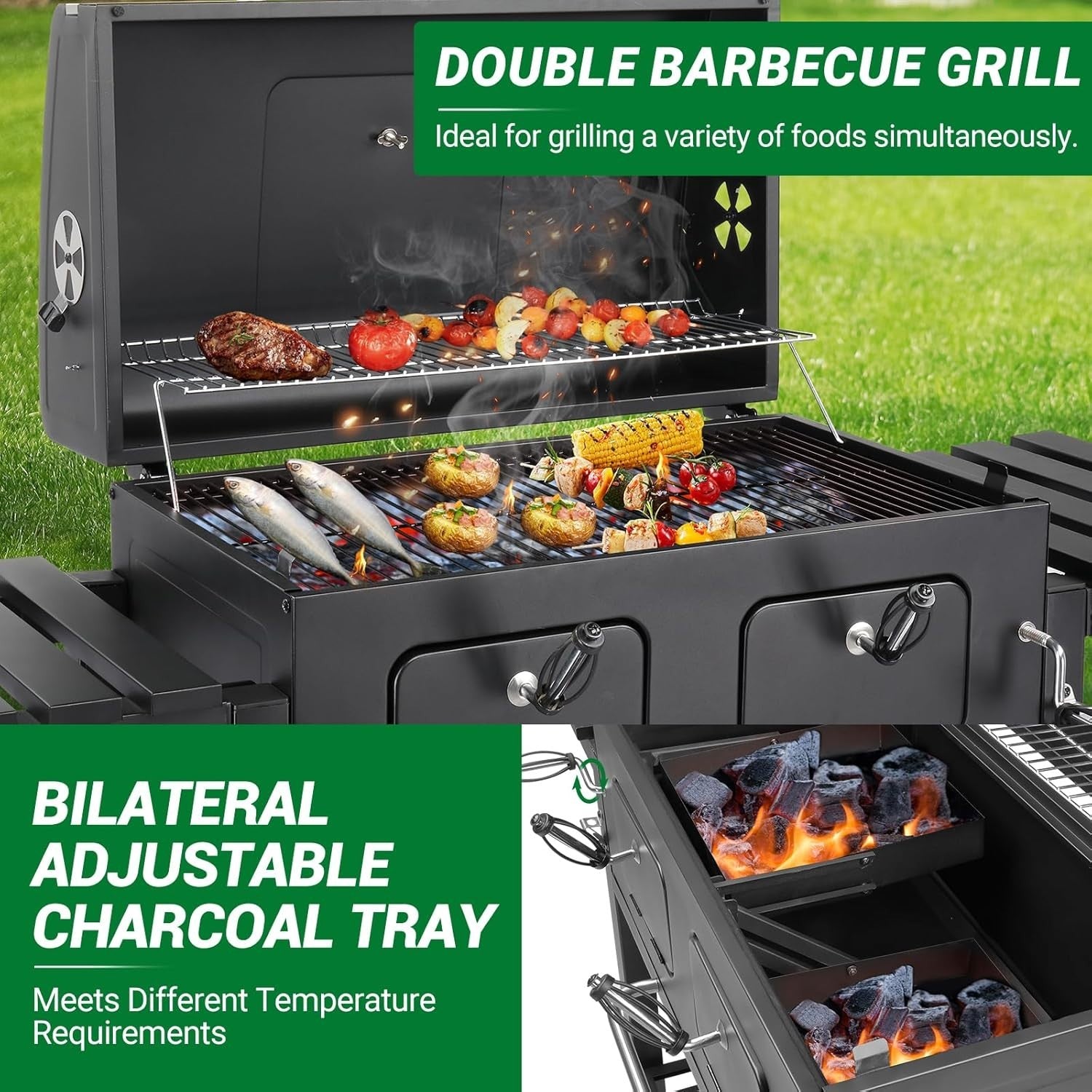 Large Dual-Zone Charcoal BBQ Grill with Adjustable Trays & Temp Gauge for Garden