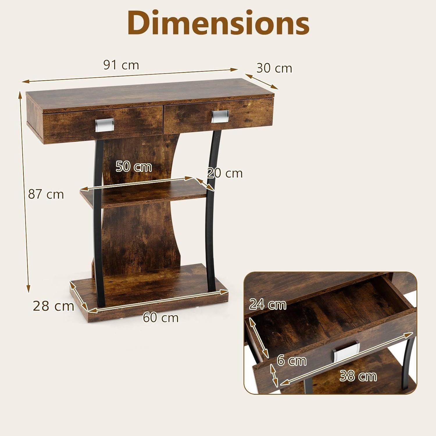 Narrow Rustic Brown Console Table with 2 Drawers & Storage Shelves
