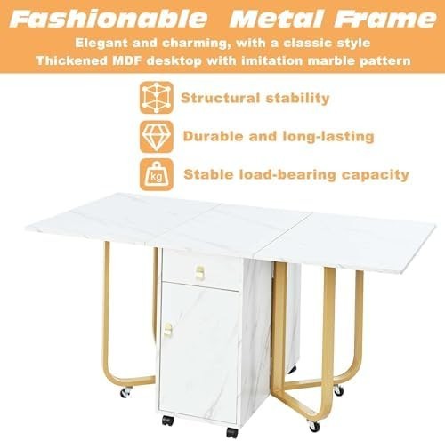 Folding Drop Leaf Dining Table with Cupboard & Drawers Space Saving 150cm White