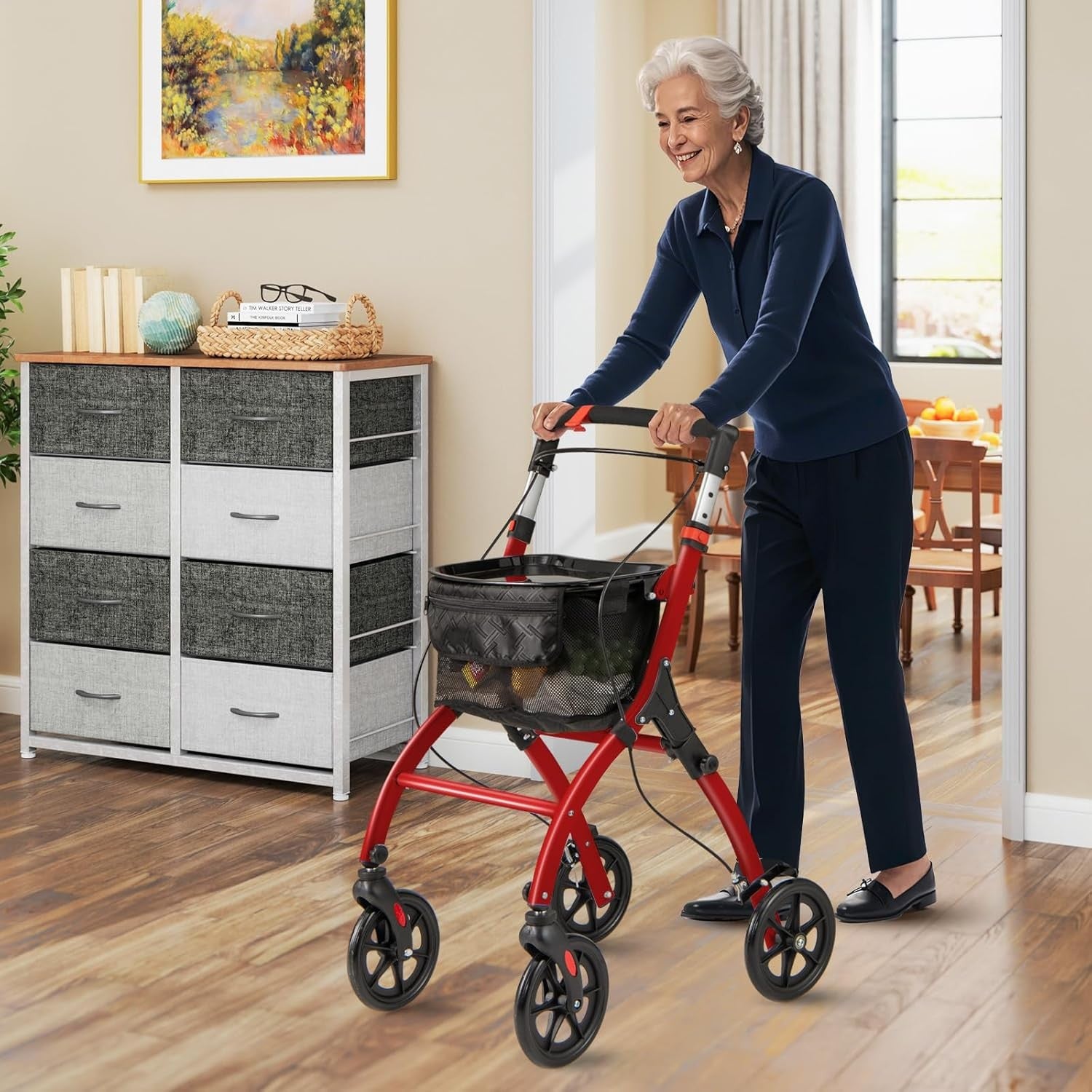 Lightweight 4 Wheel Rollator Walker Folding Mobility Aid Basket & Brakes