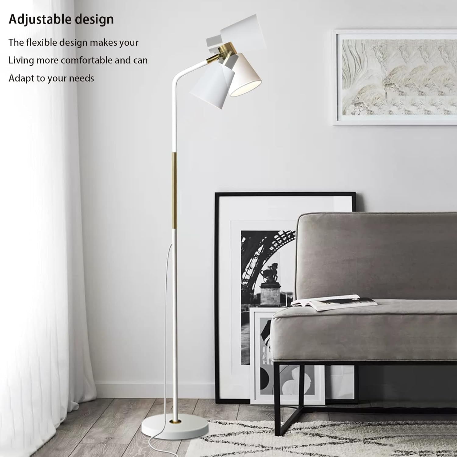 Industrial Floor Lamp Adjustable Metal Head Standing Reading Light White