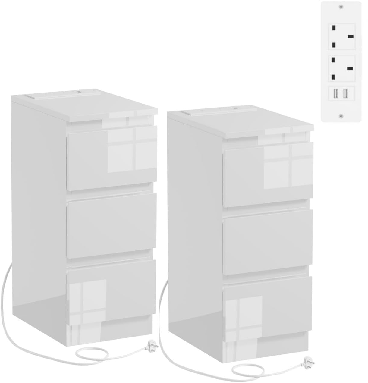 Set of 2 Charging Bedside Tables with USB Ports, Slim 3-Drawer Nightstands