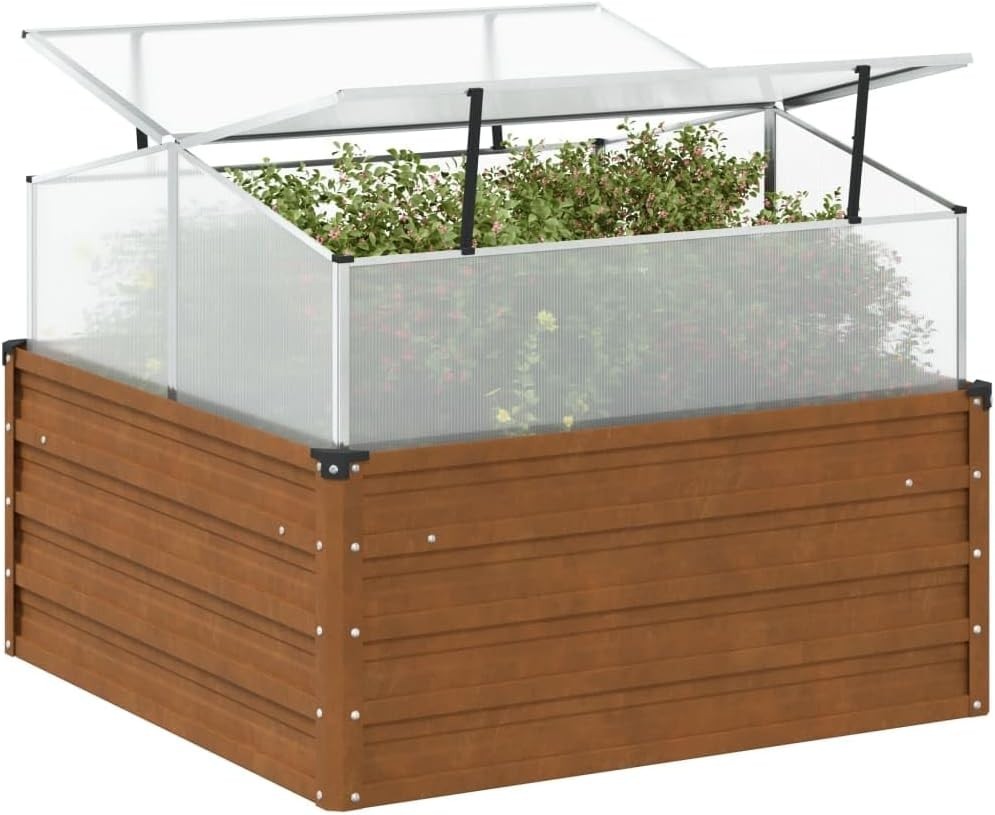 Outdoor Weathering Steel Raised Garden Planter with Greenhouse 100x100x77cm