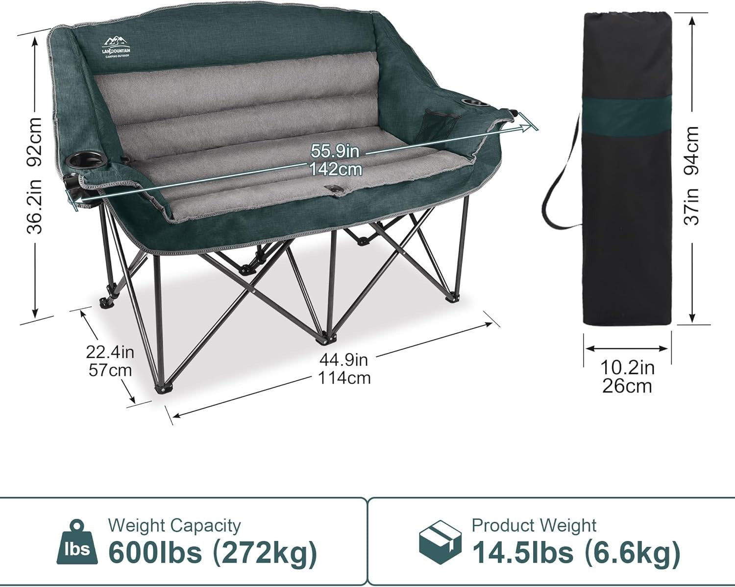 600lbs Padded Double Camping Chair Loveseat w/ Cup Holder Foldable