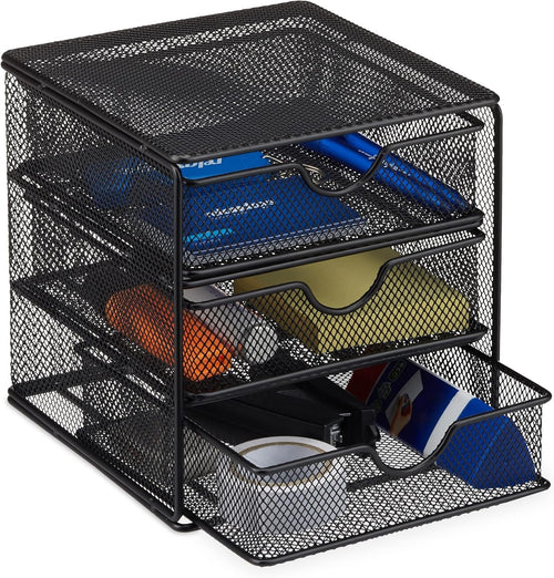 Desk Organizer with 3 Drawers, Metal Mesh Storage Box, Compact Office Tray