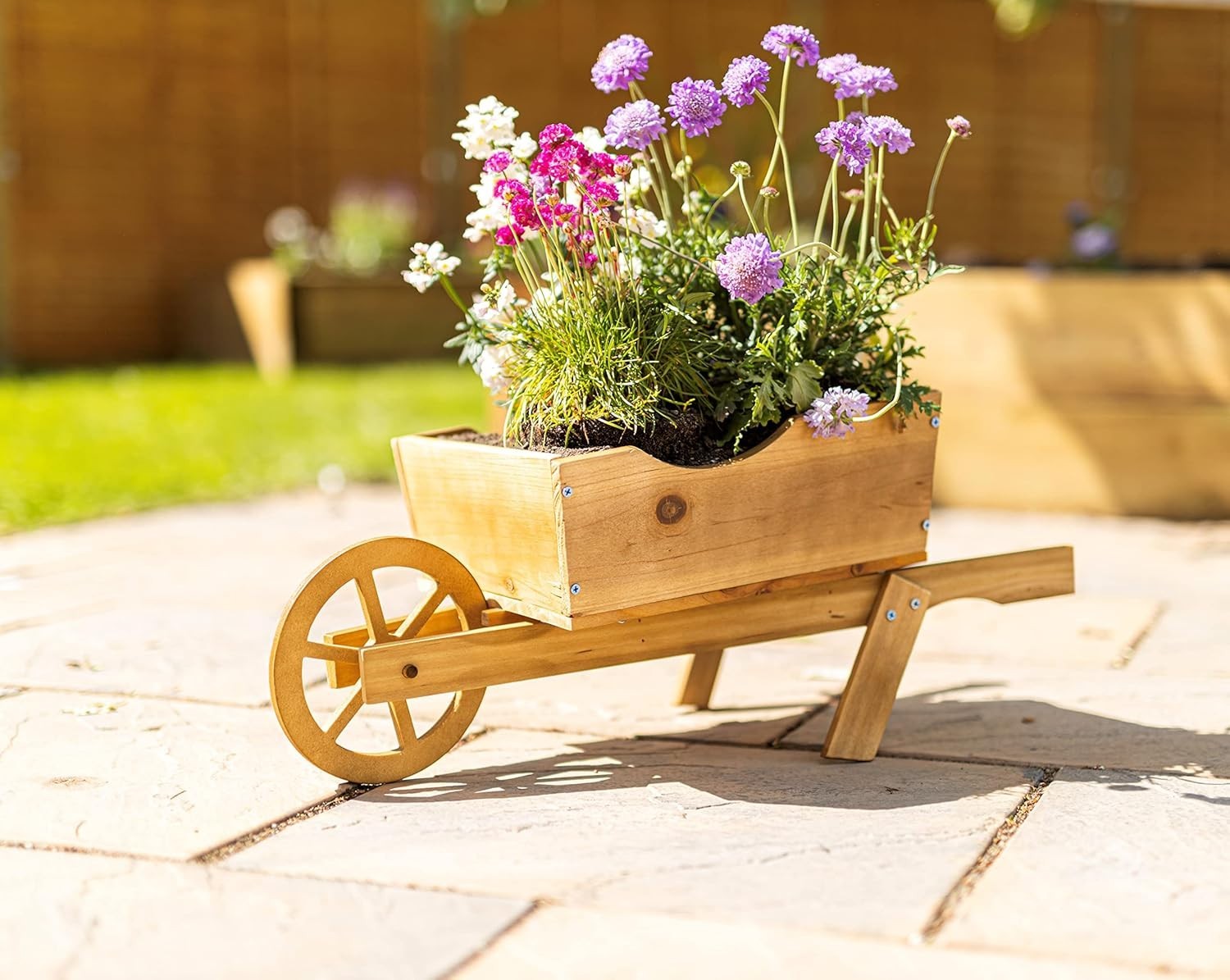 Large Wooden Wheelbarrow Planter – Pine Wood Garden Flower Box Rustic Decor