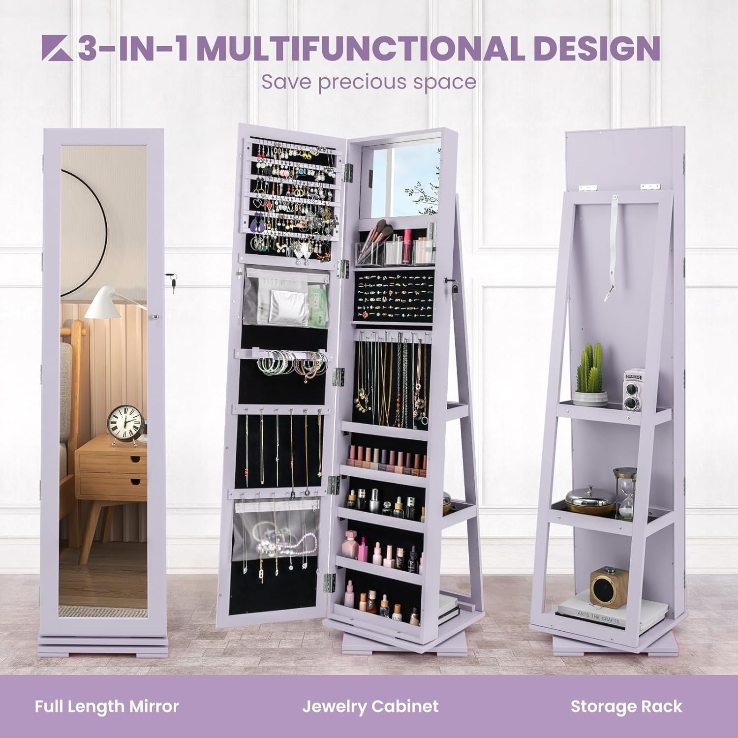 Purple 360° Swivel Jewelry Cabinet Mirror Lockable 3-in-1 Storage Stand