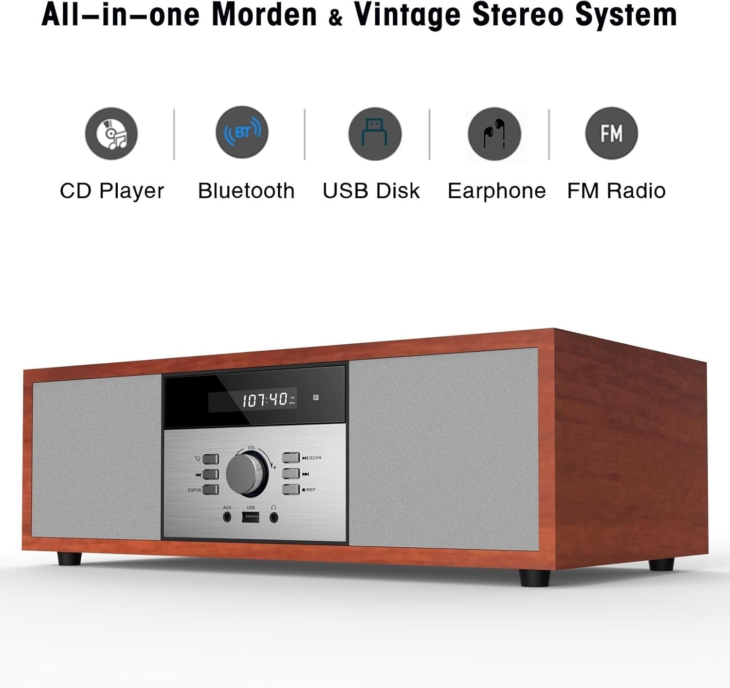 Compact Bluetooth CD Stereo System 30W Wooden HiFi USB AUX FM Radio Remote