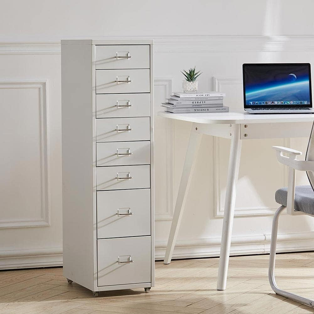 Silver White Mobile Filing Cabinet 8 Drawer 109cm Rolling Office