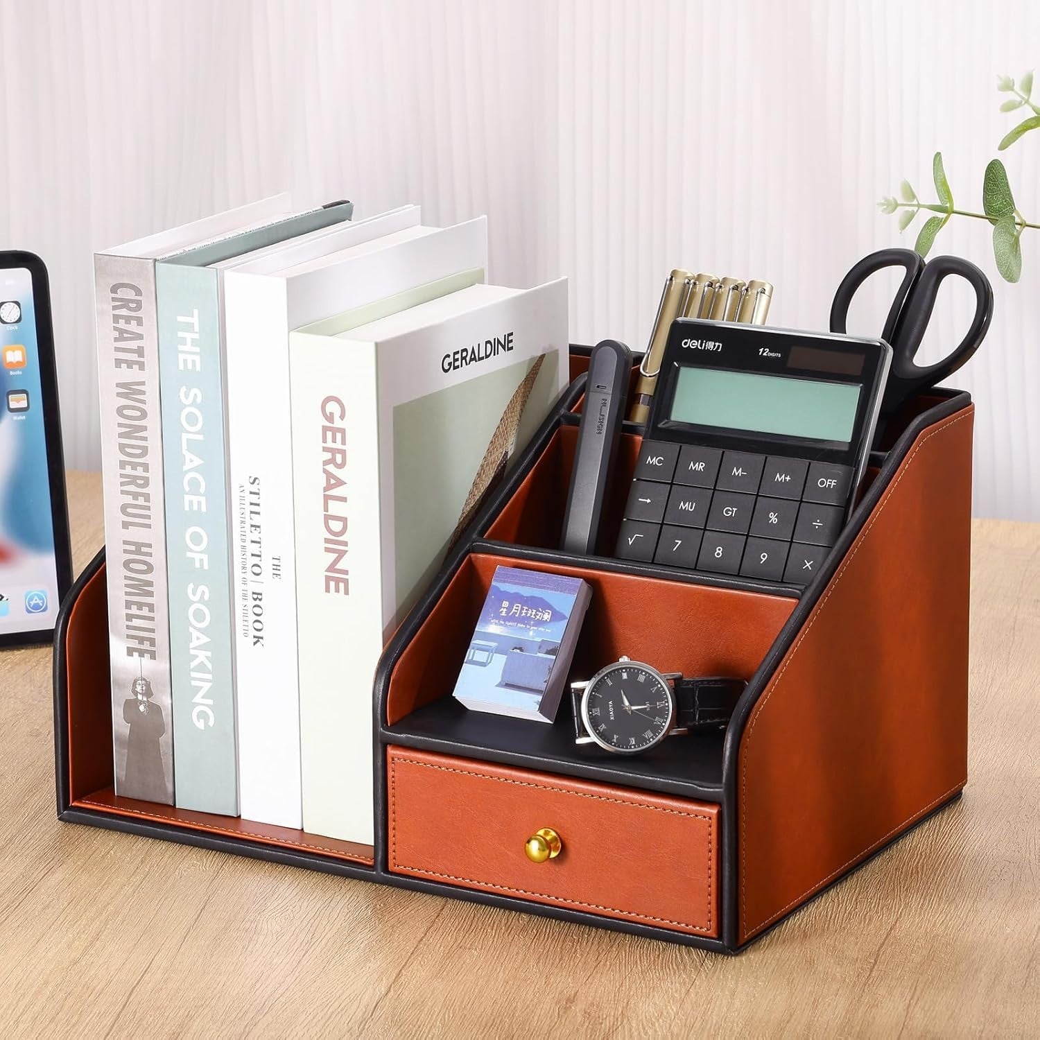 PU Leather Desk Organizer with A4 Magazine Rack & Pen Holder 33x28x18cm