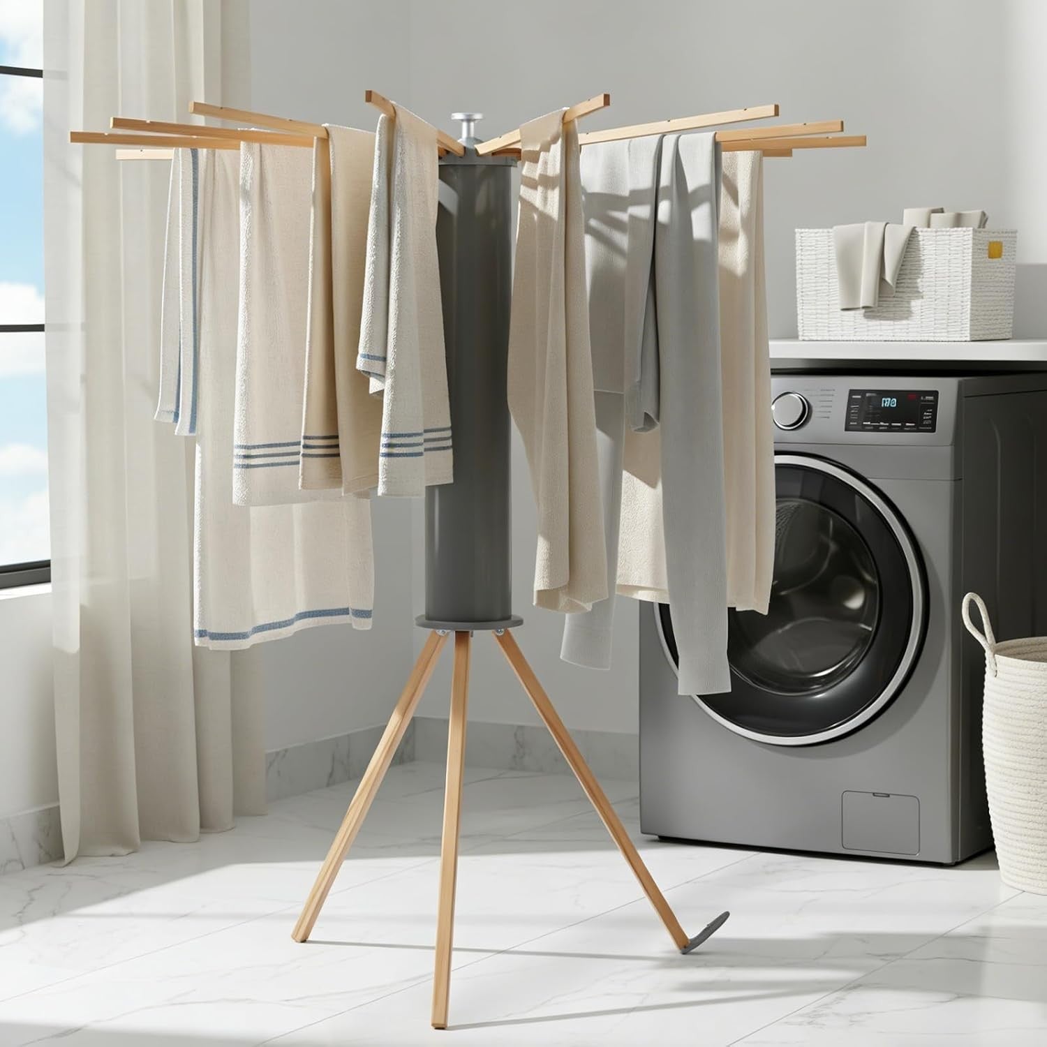 Wooden Clothes Airer Tripod Folding Laundry Drying Rack Portable Stand