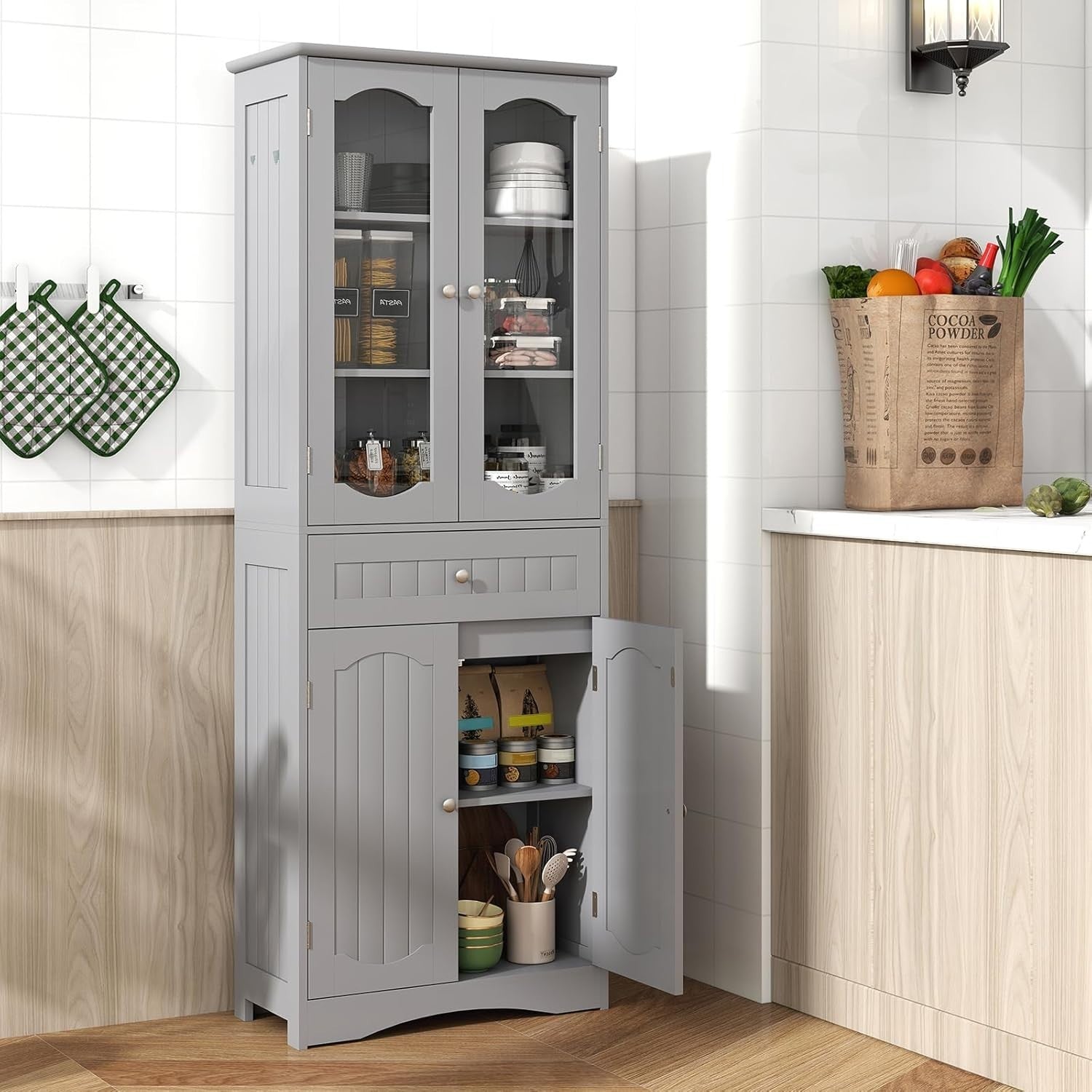 Tall Bathroom Cabinet Grey Freestanding Storage Cupboard 4-Door Drawer