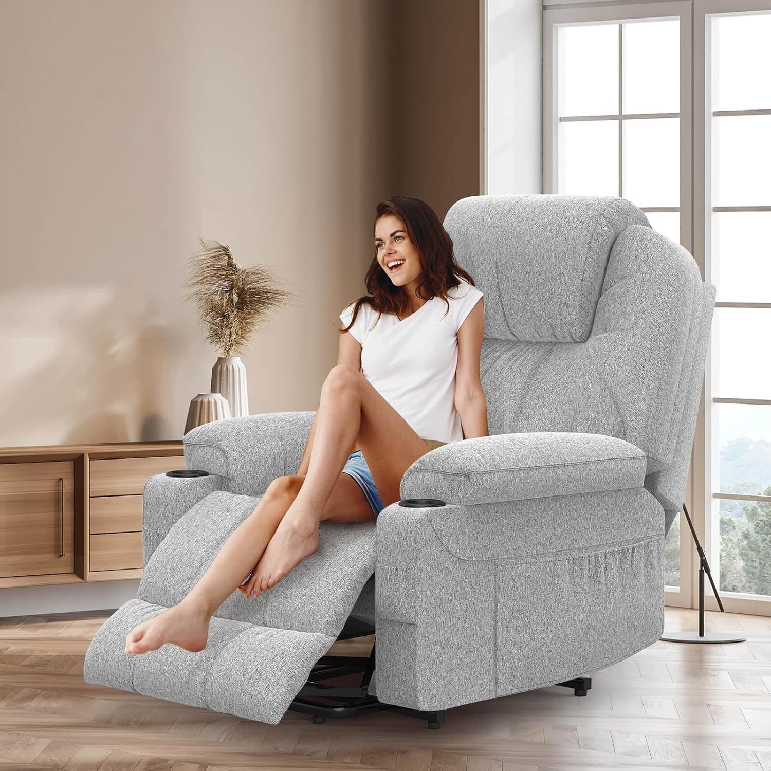 Set of 2 Lift Recliner Chairs Massage USB-C Footrest Faux Leather Light Grey