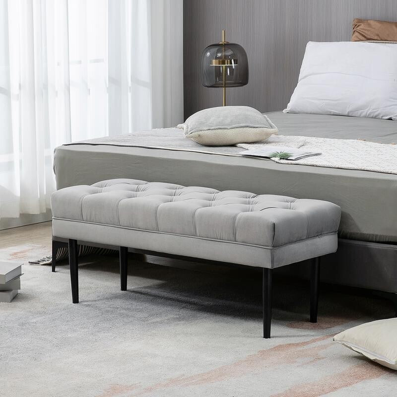 Grey Velvet End of Bed Bench Upholstered Button Tufted Hallway Seat 110cm