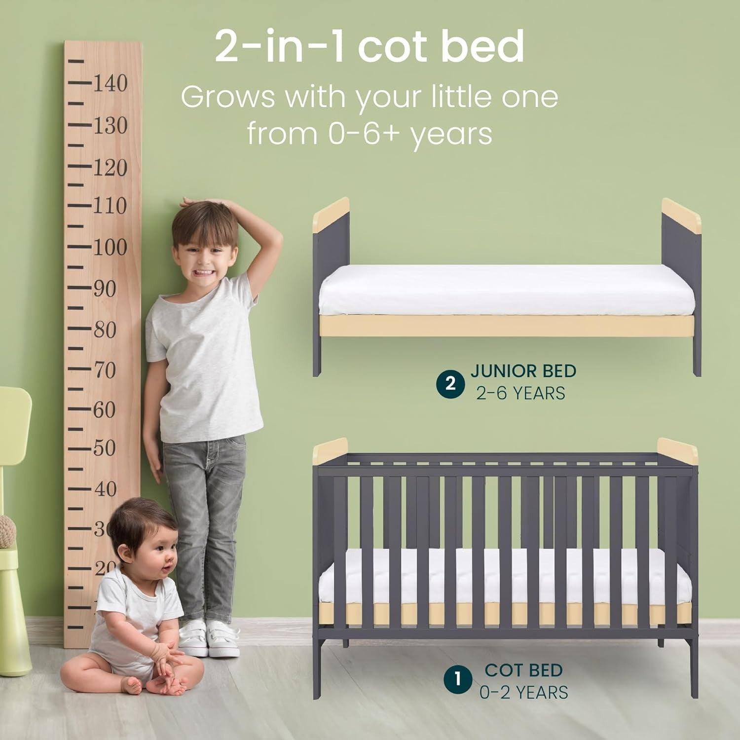 3in1 Mini Cot Bed with Drawer Toddler Sofa Adjustable Height Wooden Frame Grey