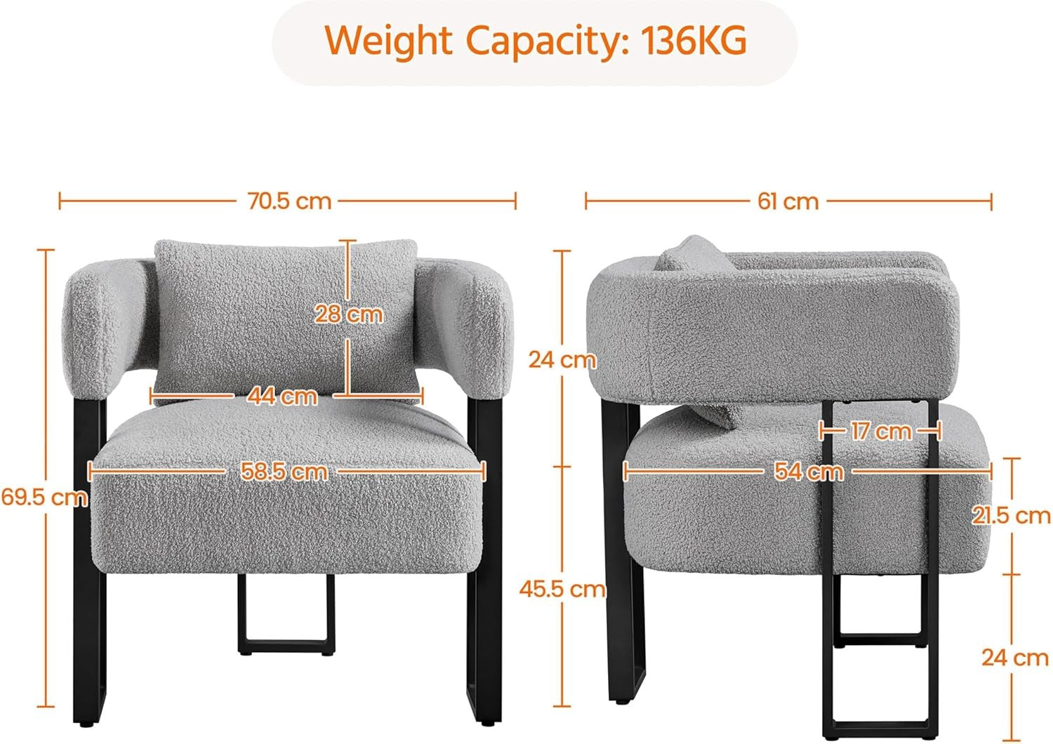 Boucle Tub Accent Chairs Set of 2 Grey Upholstered Armchairs