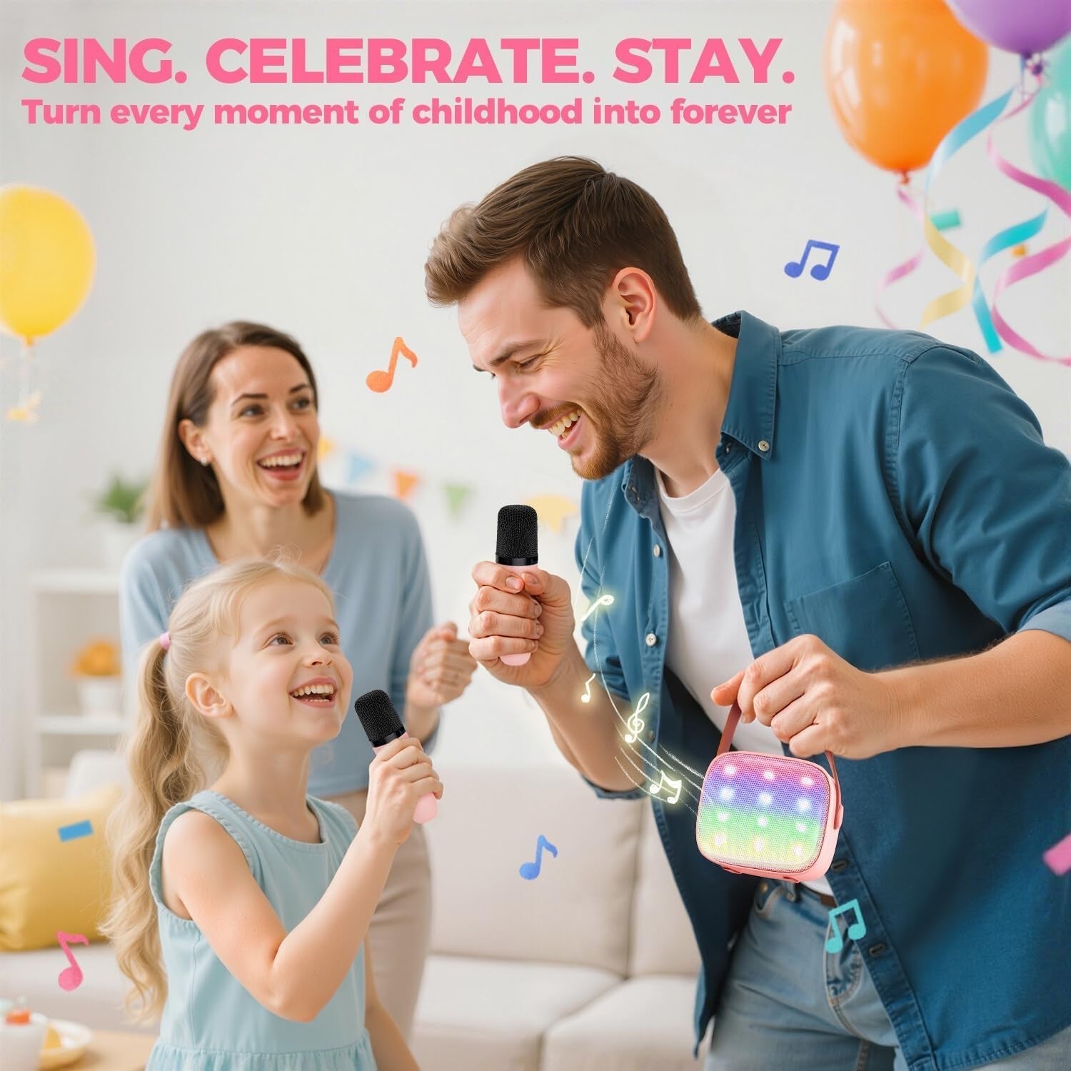Kids Karaoke Machine 2 Wireless Mics LED Speaker Birthday Gift