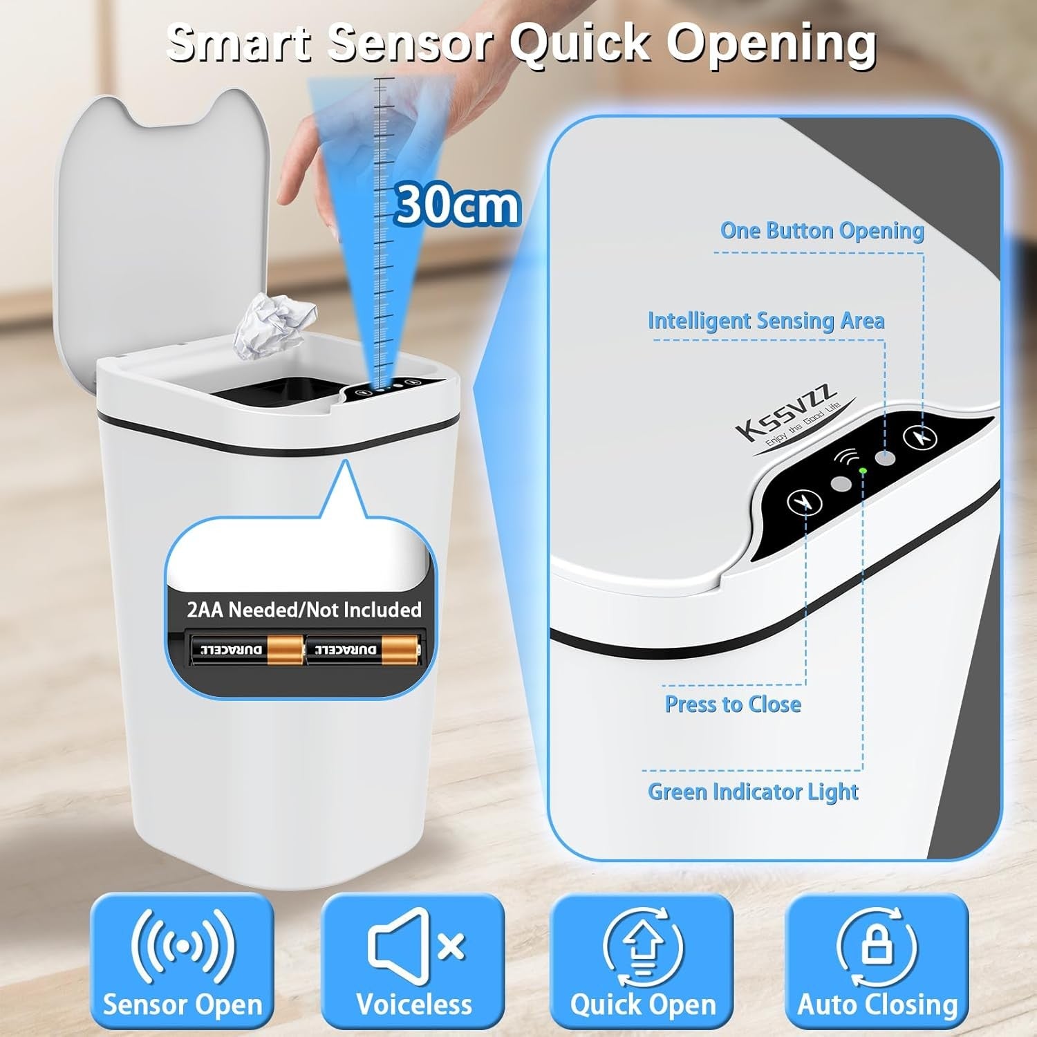 2 Pack 10L Touchless Bathroom Sensor Bins Slim Waterproof White