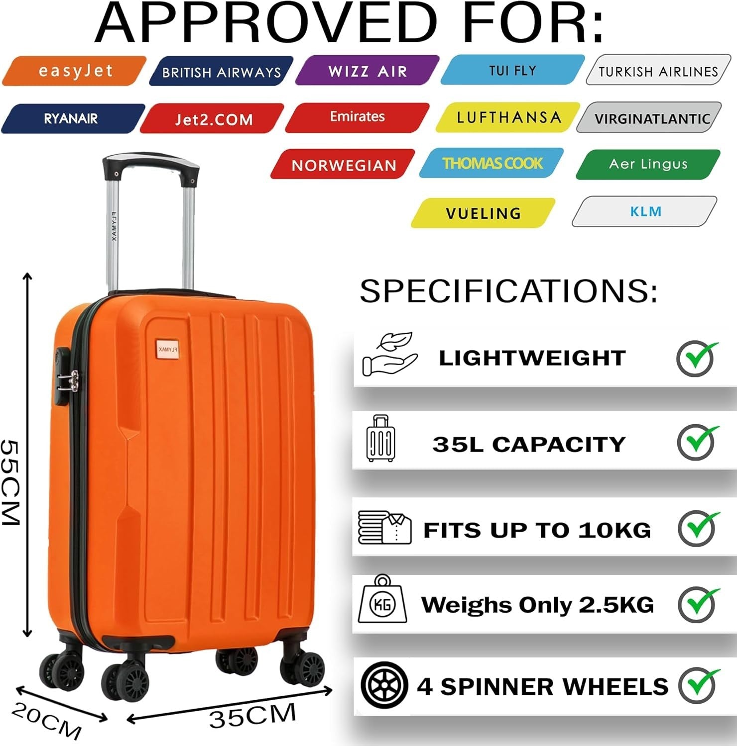 Cabin Carry On Travel Case 55x35x20 Ultra Light ABS Spinner Luggage 35L