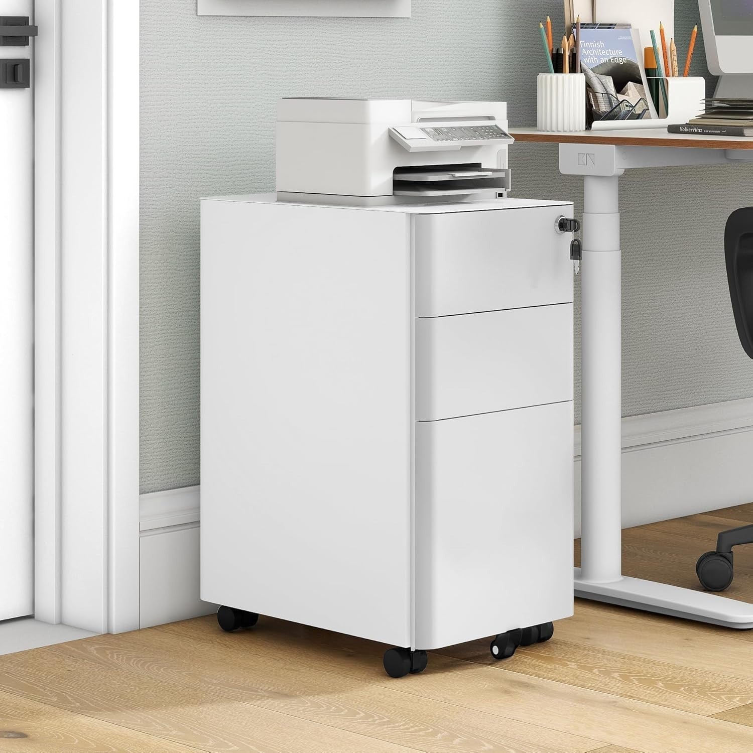 White Grey 3 Drawer Lockable Metal File Cabinet 30x45x61cm Slim