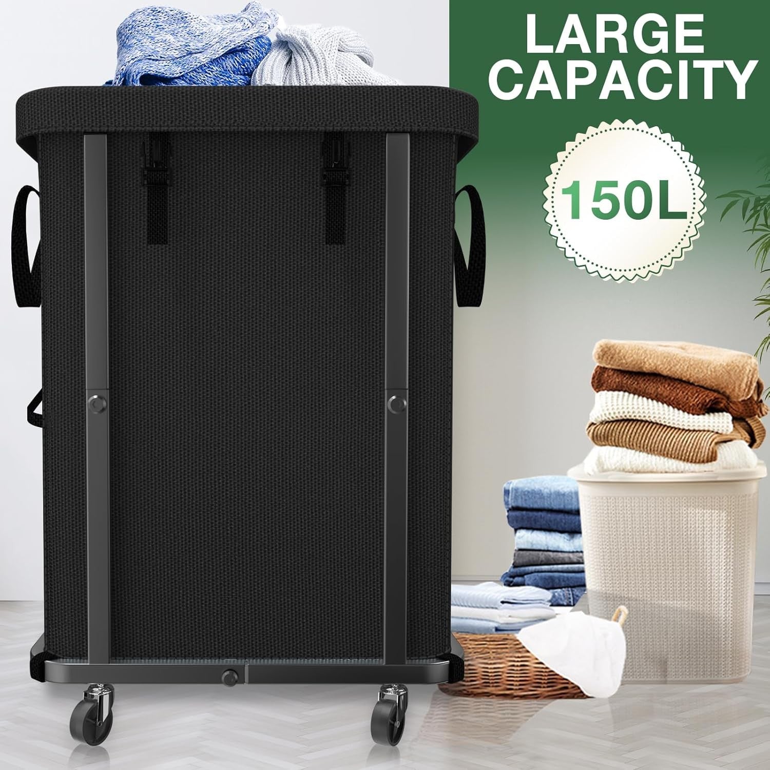 150L Large Black Rolling Laundry Hamper Heavy Duty Laundry Cart with Wheels
