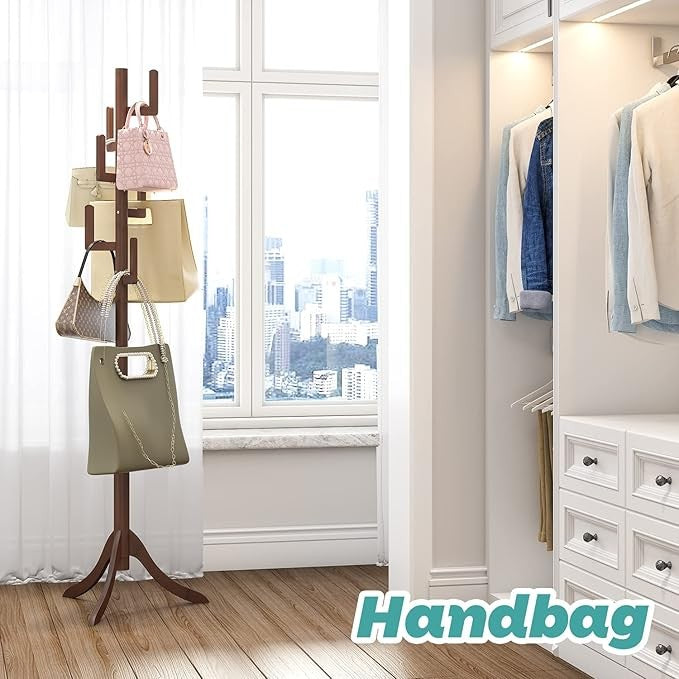 Brown Bamboo Coat Rack Freestanding 6 Hooks | Adjustable Wooden Hall Tree