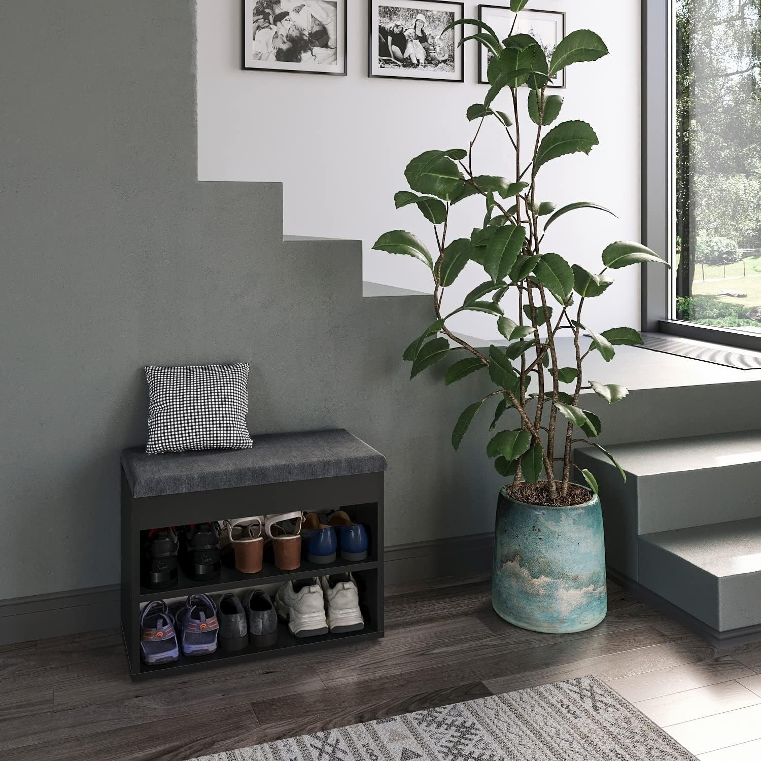 Black Grey Shoe Storage Bench with Padded Seat & Hidden Storage 60cm