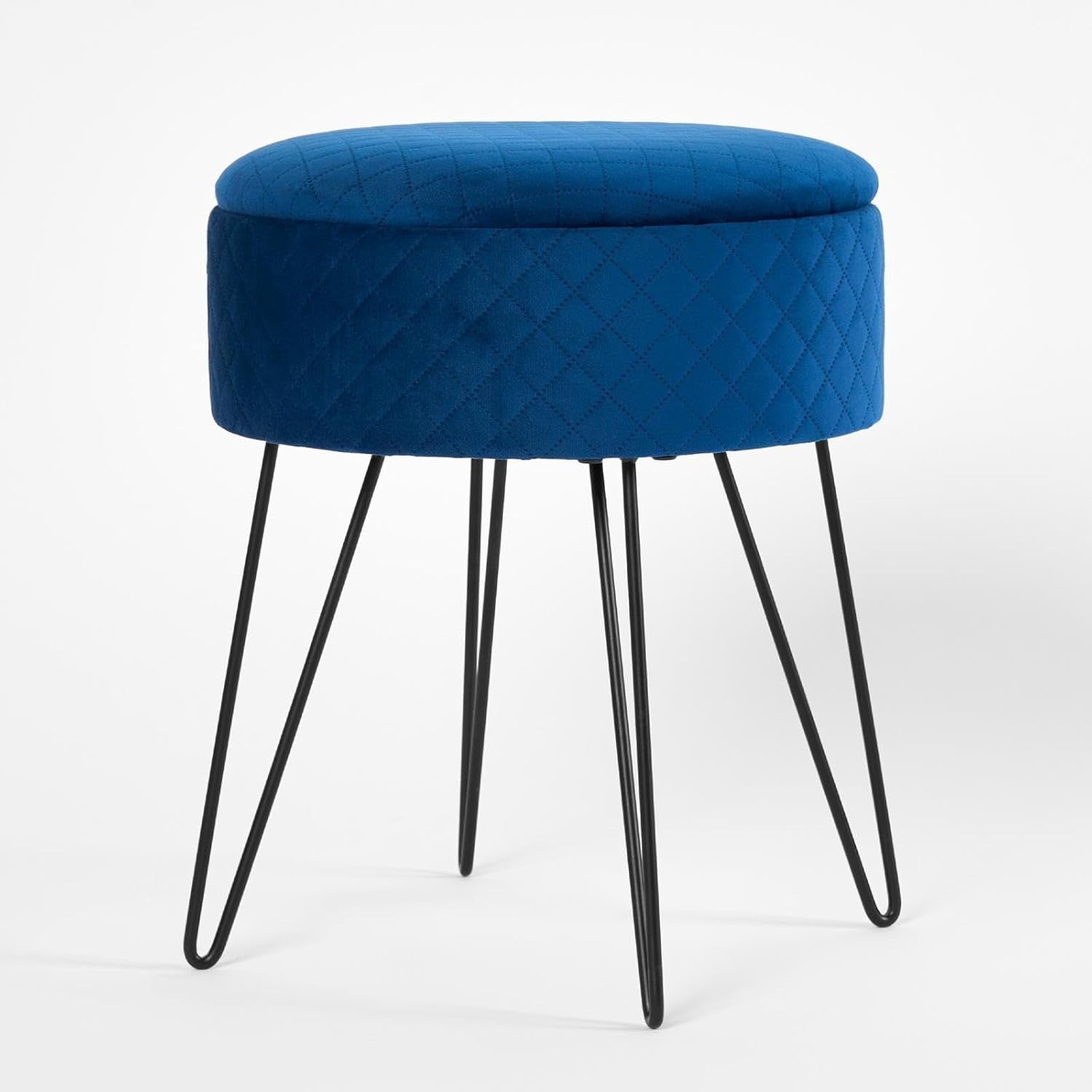 Navy Velvet Storage Stool Round Quilted Footrest Hairpin Leg Vanity Seat