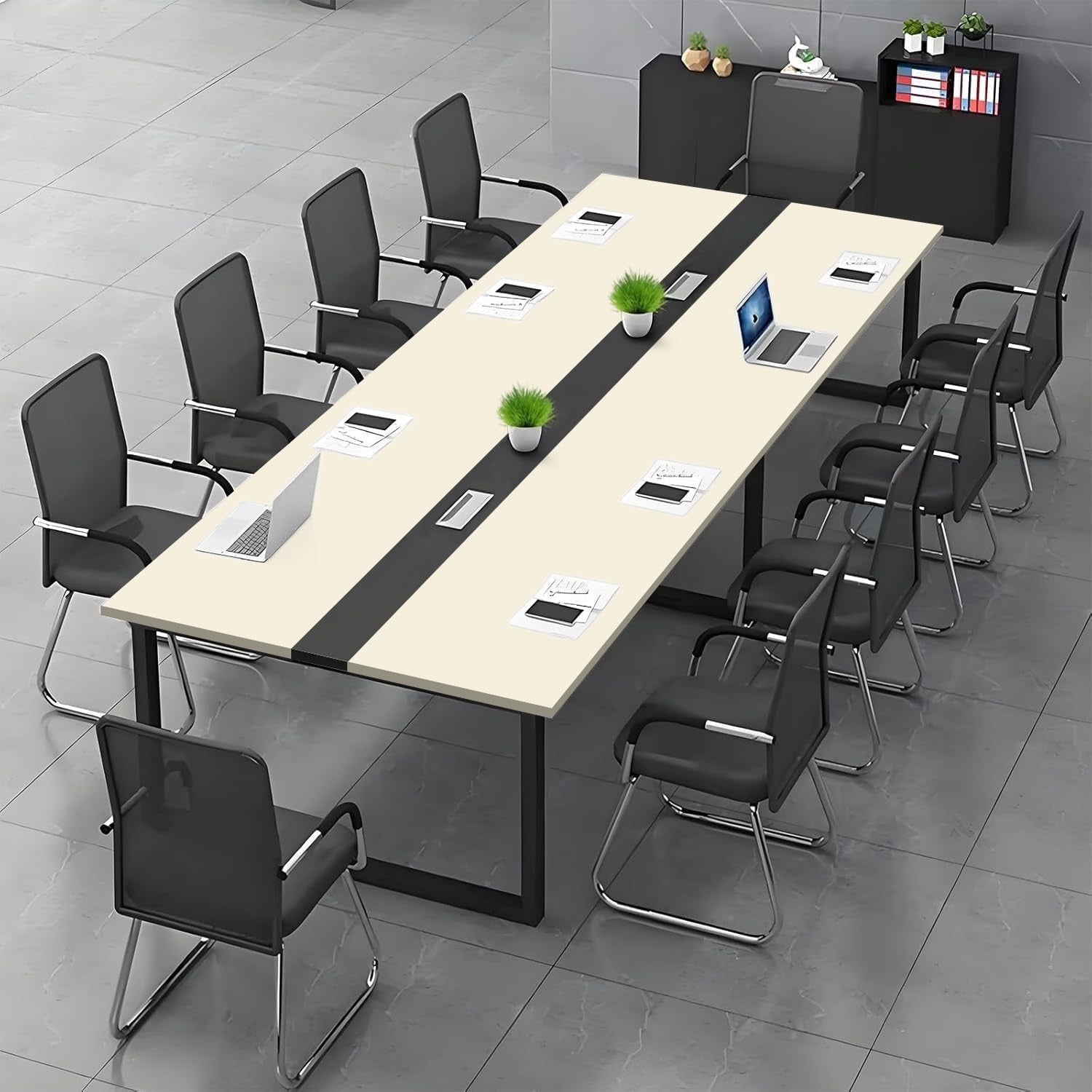 180x60cm Beige/Black Office Meeting Table w/ Cable Ports + Adjustable Feet