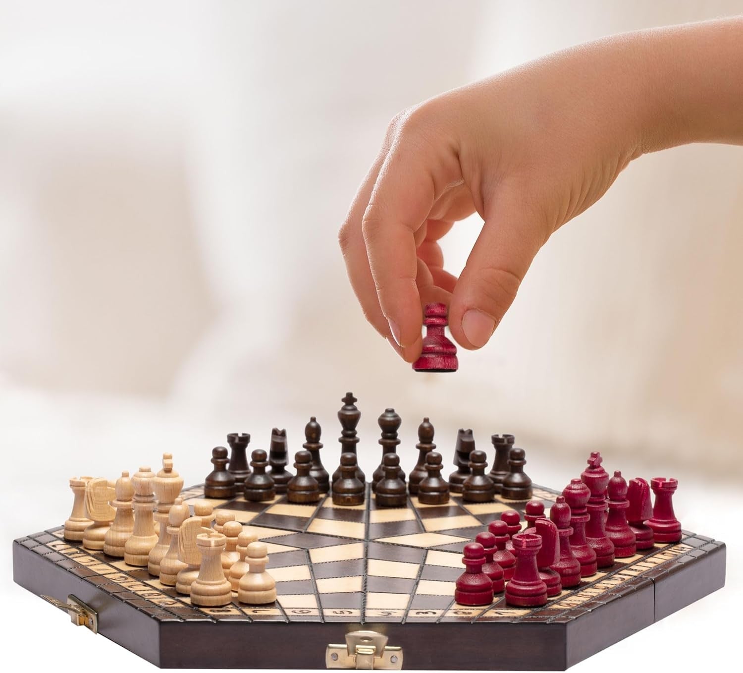 Luxury 3-Player Wooden Chess Set 32cm Hexagonal Board Handcrafted Pieces