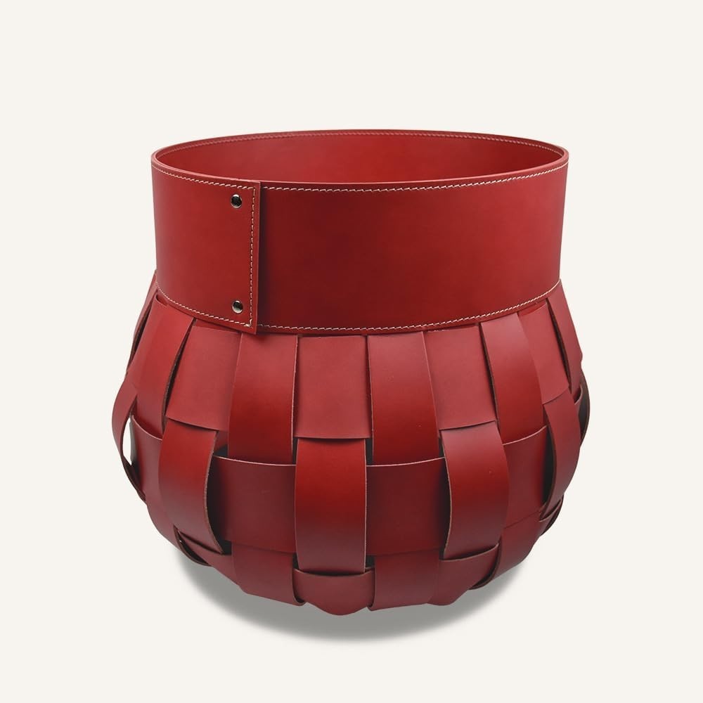 Red Leather Firewood Basket with Wheels – Indoor Log Holder, 45x45x48 cm