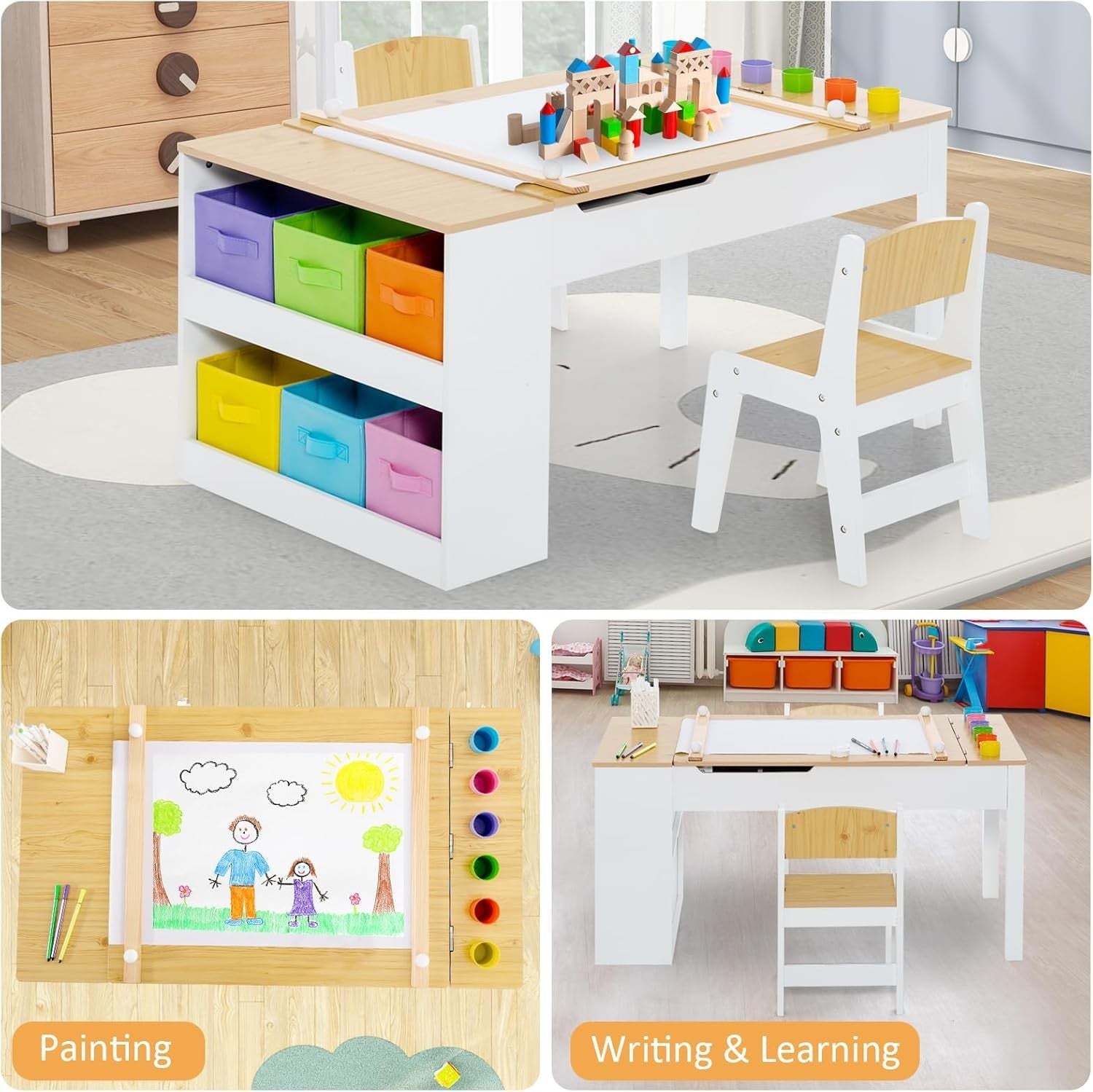 Kids Art Table and Chair Set with Storage Bins & Easel Desk Natural White 6 Cups