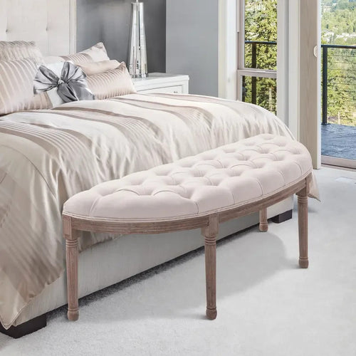 Half-Circle Tufted Ottoman Bench Padded Seat Antique Wood Accent 140cm