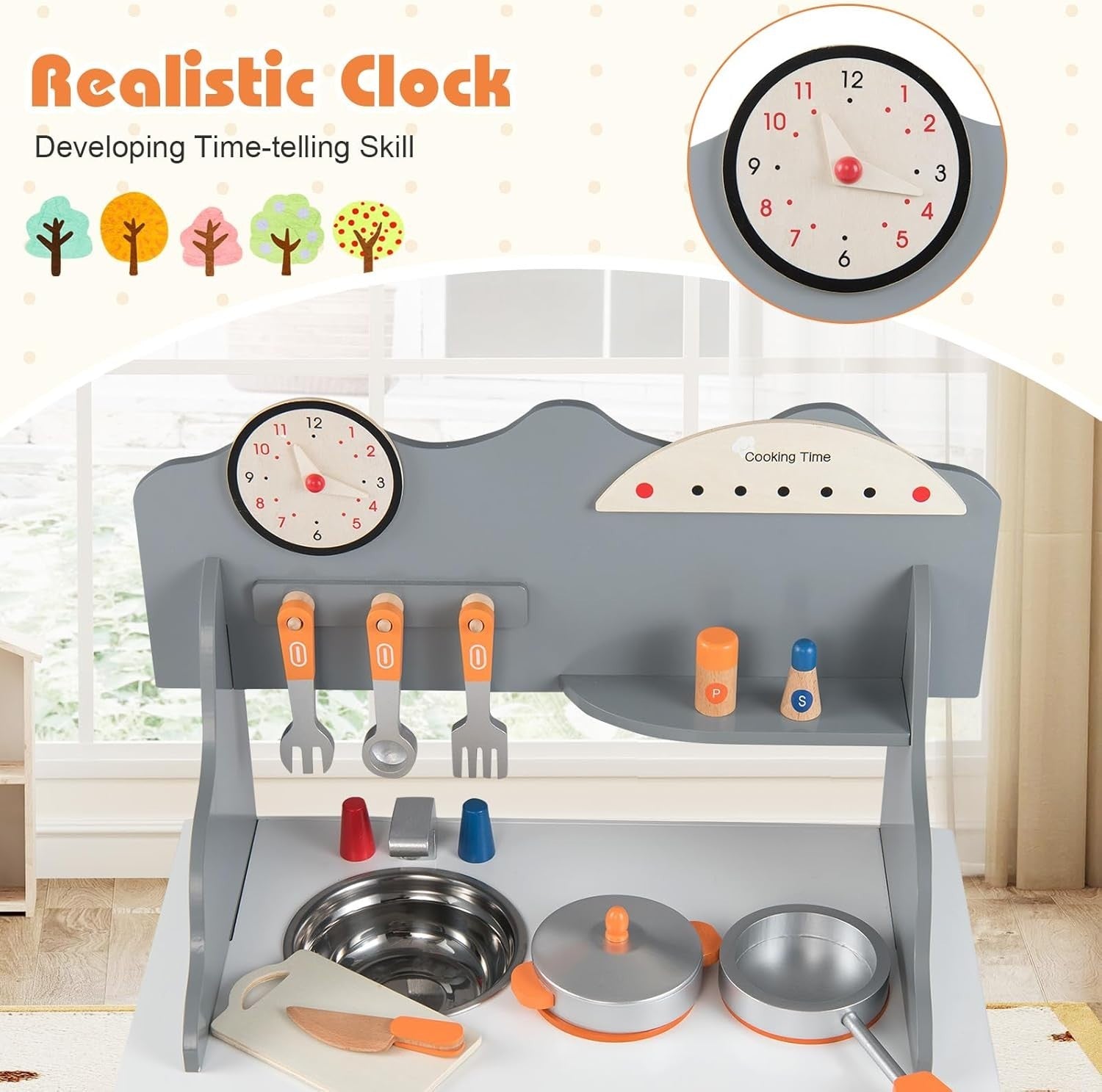 Wooden Kids Play Kitchen Grey Toy Set Stove Sink Oven Accessories