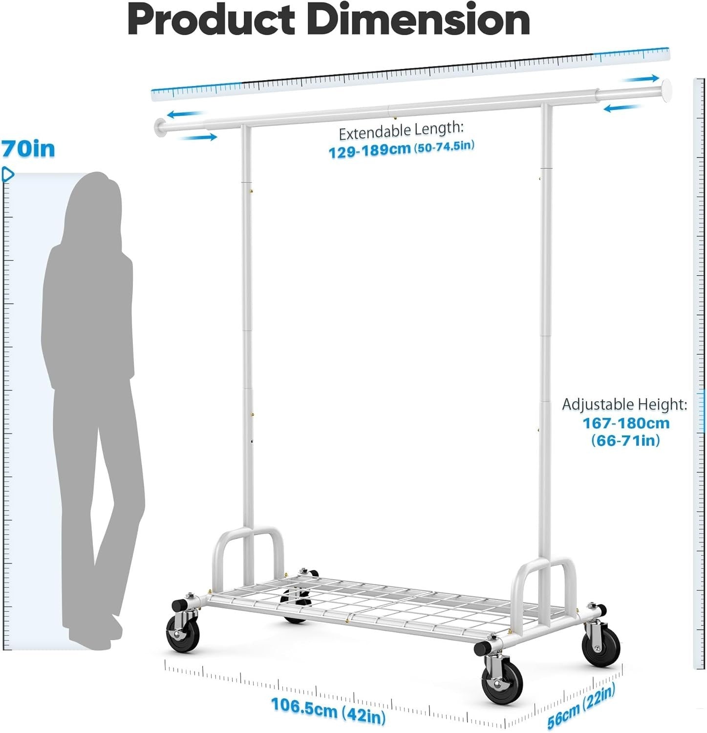 238KG Heavy Duty Extendable Clothes Rail with Wheels – White