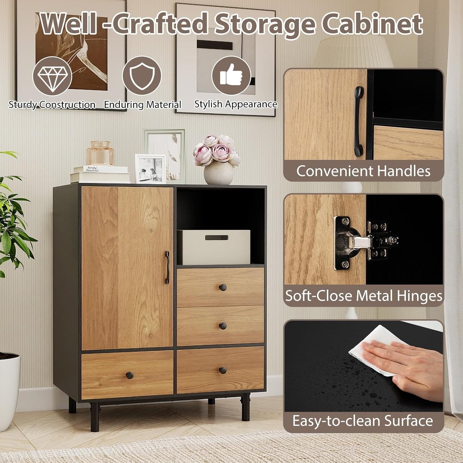 Modern 4 Drawer Sideboard Cabinet with Open Shelf & Anti-Tip Safety Black