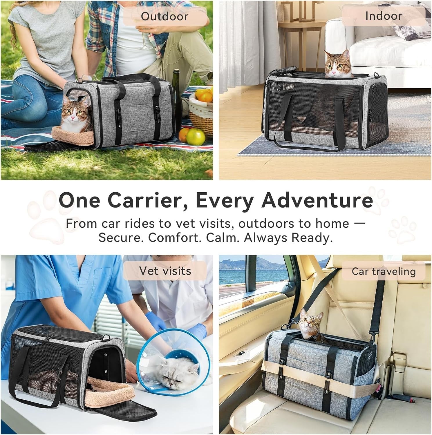 Escape Proof Cat Car Carrier Travel Seat Soft Pet Carrier Grey