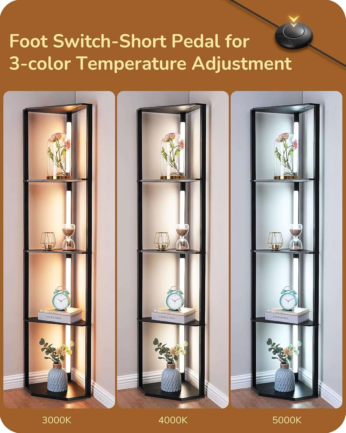 LED Floor Lamp with Shelves Dimmable Standing Light Storage Display Unit