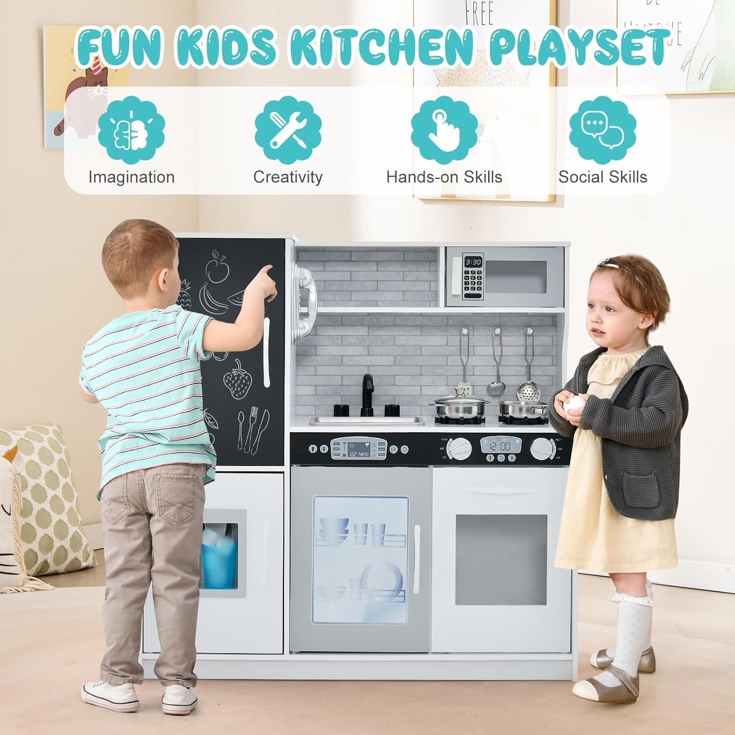 Wooden Kids Play Kitchen Toy Set Ice Maker Chalkboard Cooking Playset