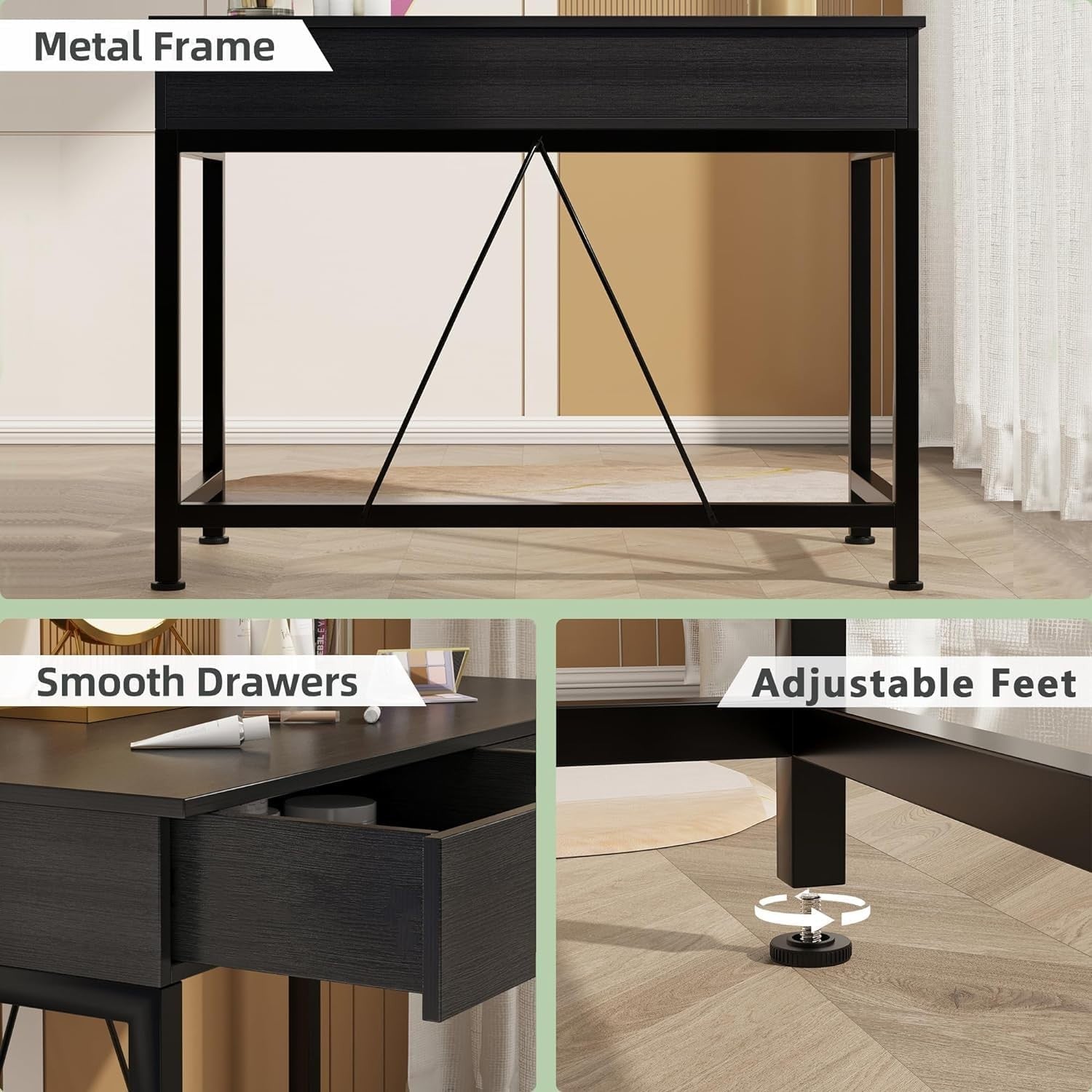 Modern Small Computer Desk with Drawers 100cm Black Wood Metal