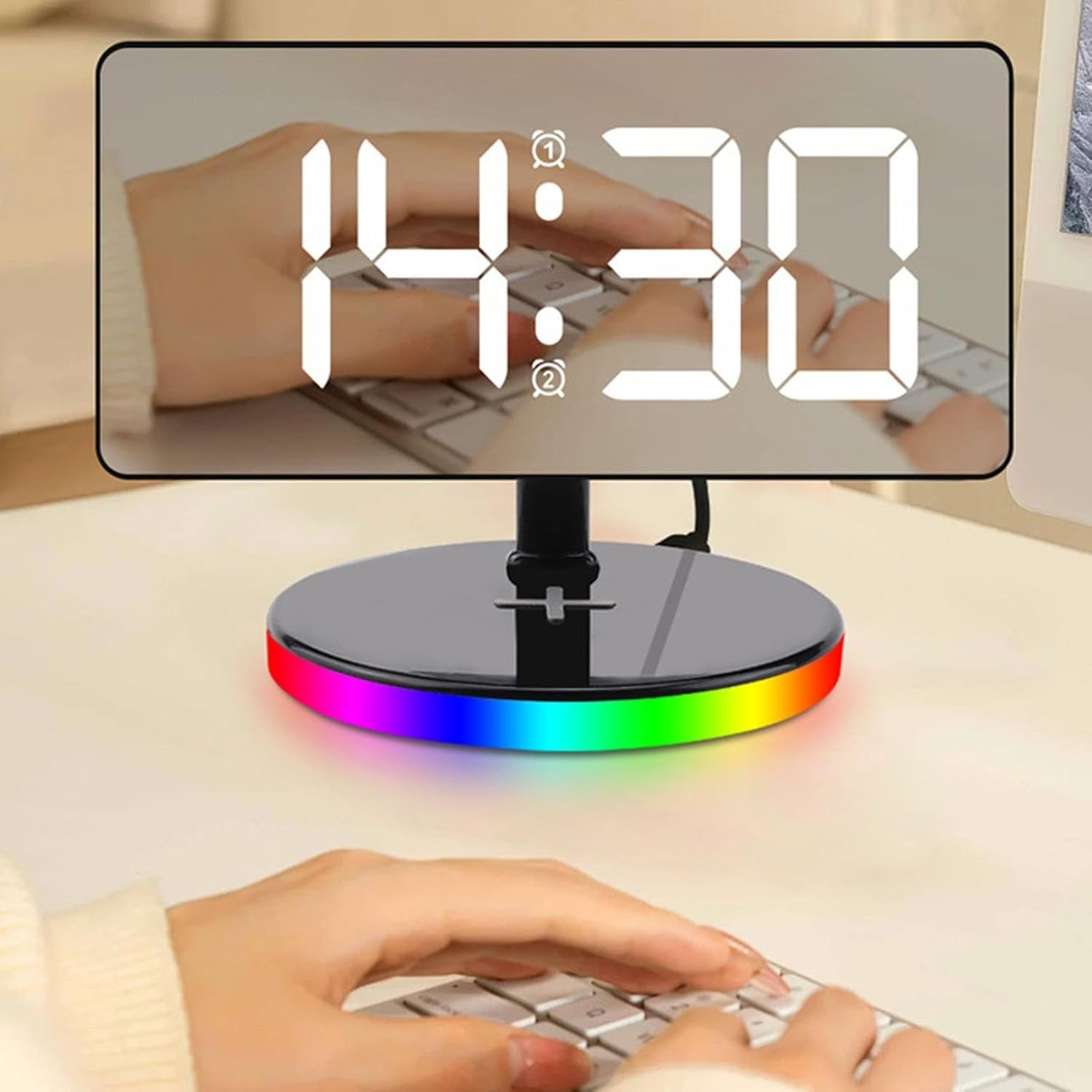 Large LED Mirror Digital Alarm Clock RGB Night Light USB-C Dual Alarm Silent