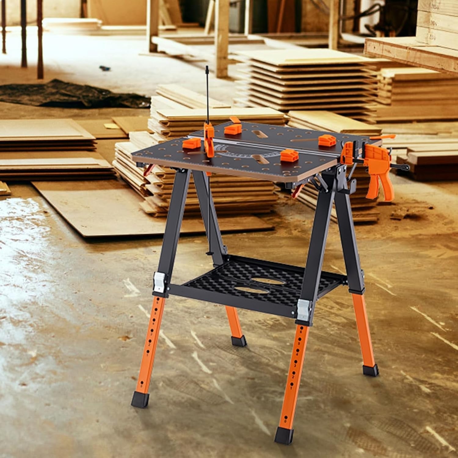 Folding Workbench 70x65cm Adjustable Height Sawhorse 450kg Table Orange